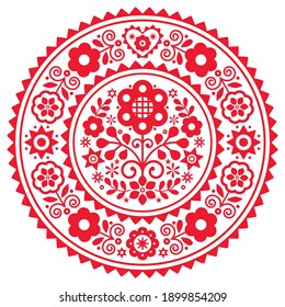 Folk art vector mandala design with flowers with frame inspired by old traditional Polish embroidery Lachy Sadeckie - bohemian pattern. Floral cute red and white decoration in circle from Poland