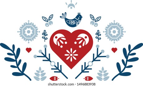 Folk art vector ornament with bird, hearts, and flowers. Scandinavian design.