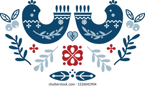 Folk art vector ornament with bird, hearts, and flowers. Scandinavian design.