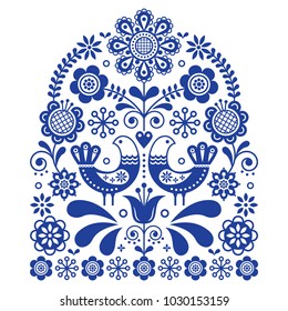 Folk art vector ornament with birds and flowers, Scandinavian navy blue floral pattern.

Retro floral design inspired by Swedish and Norwegian traditional embroidery 