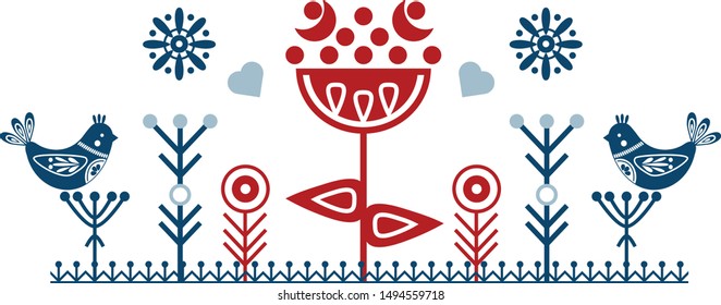 Folk art vector ornament with birds, hearts, and flowers. Scandinavian design.