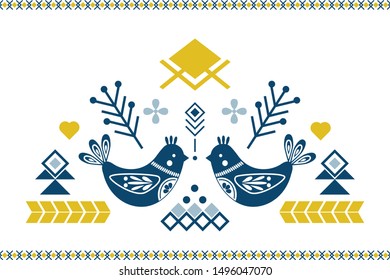 Folk art vector ornament with birds, hearts, and flowers. Scandinavian design.