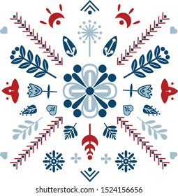 Folk art vector ornament with symbols, hearts, and flowers. Scandinavian design.