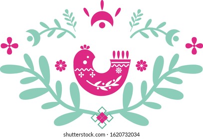 Folk art vector ornament with symbols, bird, and flowers