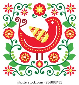 Folk art vector pattern with bird and flowers