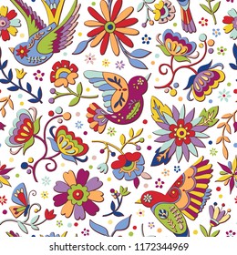 Folk art vector pattern, colorful design with flowers inspired by traditional art form Mexico Happy background with flowers, birds isolated on white.