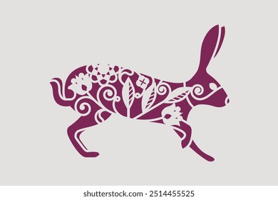 Folk Art Vector Rabbit Illustration. Silhouette For Cutting Project. Decorative Stencil Design. Scandinavian Style Rabbit.