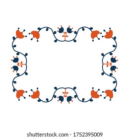 Folk art vector round Decorative frame with birds and flowers, Scandinavian design. flower arrangement.Retro background inspired by Swedish and Norwegian traditional style.