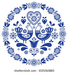 Vector de arte folclórico alrededor de marco ornamental con aves, corazones y flores, diseño escandinavo en círculo, composición floral.

Antecedentes retro con flores inspiradas en la tradición sueca y noruega 