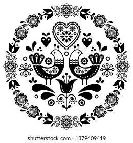 Folk art vector round ornamental frame with birds, hearts, and flowers, Scandinavian design in circle, floral composition. Retro background with flowers inspired by Swedish and Norwegian art