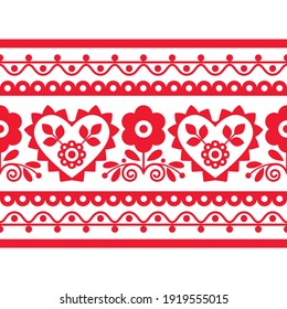 Folk art vector seamless embroidery long pattern with flowers inspired by traditional Polish designs Lachy Sadeckie - textile or fabric print ornament. Repetitive red and white Slavic floral motif 