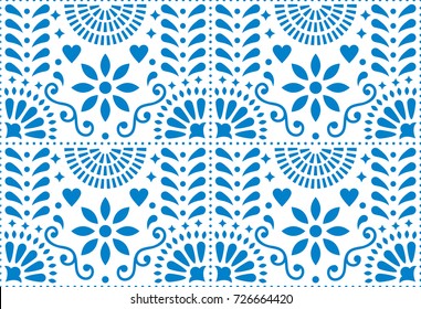 Folk art vector seamless pattern, Mexican blue design with flowers inspired by traditional art form Mexico  
Repetitive background with flowers and abstract shapes isolated on white  
