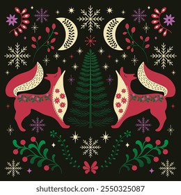  Folk Art Winter Foxes with Snowflakes and Evergreen Tree, Nordic Fox Christmas card, luxury Scandinavian xmas card for friends, happy holidays 2025. Vector symmetrical art illustration