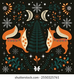 Folk Art Winter Foxes with Snowflakes and Evergreen Tree, Nordic Fox Christmas card, luxury Scandinavian xmas card for friends, happy holidays 2025. Vector symmetrical art illustration