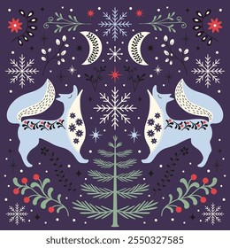 Folk Art Winter Foxes with Snowflakes and Evergreen Tree, Nordic Fox Christmas card, luxury Scandinavian xmas card for friends, happy holidays 2025. Vector symmetrical art illustration