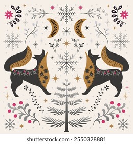 Folk Art Winter Foxes with Snowflakes and Evergreen Tree, Nordic Fox Christmas card, luxury Scandinavian xmas card for friends, happy holidays 2025. Vector symmetrical art illustration