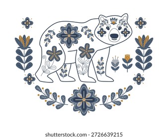 Folk art-inspired vector illustration featuring a bear adorned with intricate floral patterns. The design incorporates traditional motifs, creating a harmonious and decorative effect.