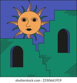 Folk artwork with urban landscape and ethnic sun. Indian abstract artwork. Vector illustration can used pongal poster interior design painting. EPS 10