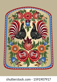 Folk background.Colorful flowers and leaves with cock