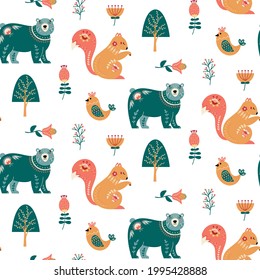 Folk bear and bird seamless pattern. Cute scandinavian forest animals nursery print. Folklore squirrel texture. Baby wallpaper in nordic style. Vector background for fabrics, textile, and wrap paper. 