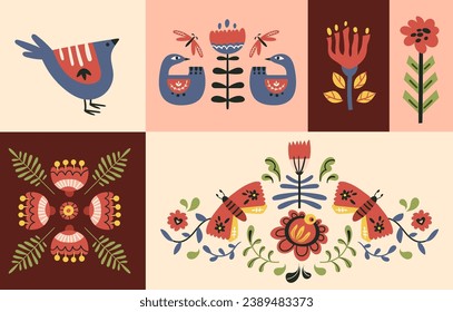 Folk bird, flower, butterfly clip arts and pre-made compositions, vector set in Scandinavian or Nordic style, hygge naive illustrations kit. Collection of classic ethnic natural motifs