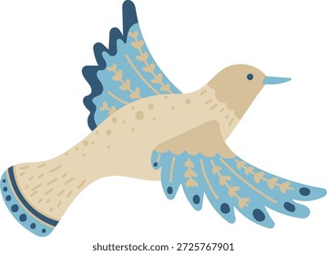 Folk pájaro volando con ala estampada, motivo de hojas, y forma lisa en ornamento nórdico. Símbolo de libertad, paz, esperanza y espíritu de naturaleza en el motivo escandinavo. Ilustración vectorial de dibujos animados.