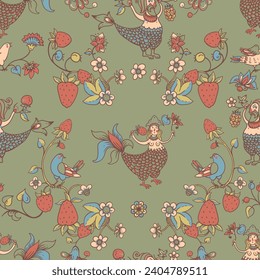 Folk Bird Sirin Seamless Pattern,  Medieval Creatures Texture