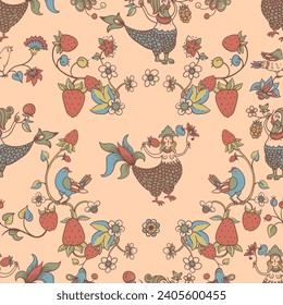 Folk Bird Sirin Seamless Pattern,  Medieval Creatures Texture