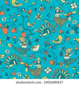 Folk Bird Sirin Seamless Pattern,  Medieval Creatures Texture