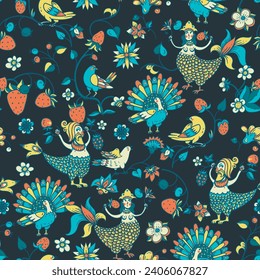 Folk Bird Sirin Seamless Pattern,  Medieval Creatures Texture