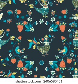 Folk Bird Sirin Seamless Pattern,  Medieval Creatures Texture