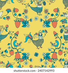 Folk Bird Sirin Seamless Pattern,  Medieval Creatures Texture