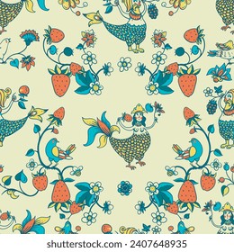 Folk Bird Sirin Seamless Pattern,  Medieval Creatures Texture