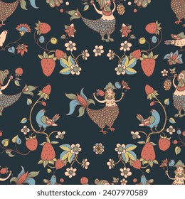 Folk Bird Sirin Seamless Pattern,  Medieval Creatures Texture