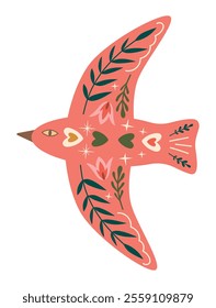 Folk bird for Valentine's Day. Pink bird with plants, hearts and stars. Isolated vector illustration for holiday design