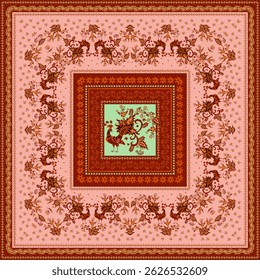 Folk birds, berries, leaves, tiny flowers, decorative stripes with hearts and plant patterns in warm brown and light green colors. Beautiful boho print on fabric for scarf, tablecloth, rug, napkin.