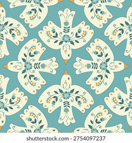 Folk birds seamless pattern. Flying animals with botanical simmetric ornament. Blue, white and beige colors. Cute print on fabric and paper. Vector design for textile, endless wallpaper, packaging.
