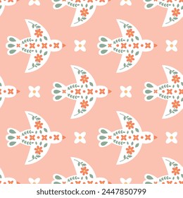 Folk birds seamless pattern in scandinavian style