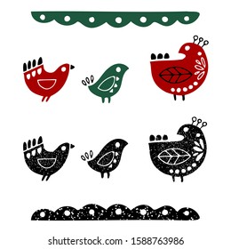 Folk birds set. Paper cut scandinavian style. Flat design. Hand drawn colored vector set. Modern trendy illustration. On a white background