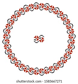 Folk black and red ornament, round frame with ornament element template for brush, vector design.