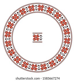 Folk black and red ornament, round frame with ornament element template for brush, vector design.
