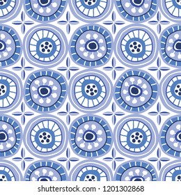 Folk Blue Circle Mosaic on White Background Vector Seamless Pattern. Hand-drawn geometric print.
