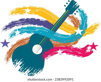 folk blues acoustic guitar in multicolour with grunge sound waves and stars festival merchandise band album promotion logo