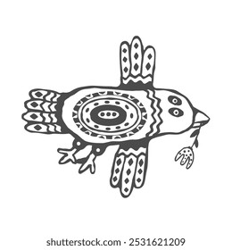 Folk boho hand drawn bird with flower. Vector illustration