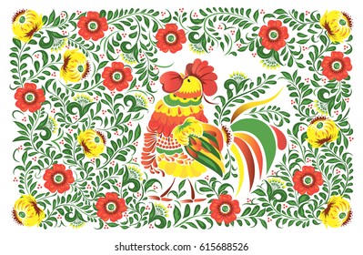 Folk bright Easter rooster in flowers. Poster. Background. Print. Illustration. Wallpaper.
