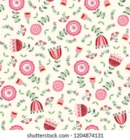 Folk Bright Flowers on Ecru Background Vector Seamless Pattern. Bold Florals. Hand-drawn doodle monochrome flora.