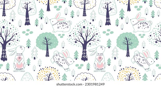 Folk Bunny Seamless Pattern For Children