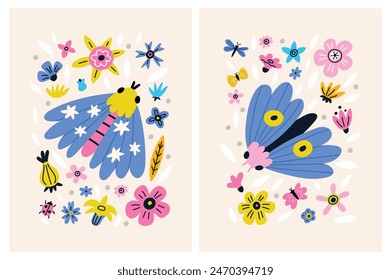 Mariposas Folk y flores en estilo plano. ilustración de Naturaleza   con varias flores, mariposa y polilla