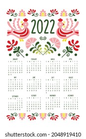 Folk calendar 2022 birds flowers folklore motifs ornaments red pink green on white background