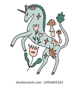 Folk cartoon medieval unicorn, fairytale funny groovy horse pony whimsical vintage heraldic wild flat art. Doodle character with mushrooms and botanical floral details. Hand-drawn bohemian composition